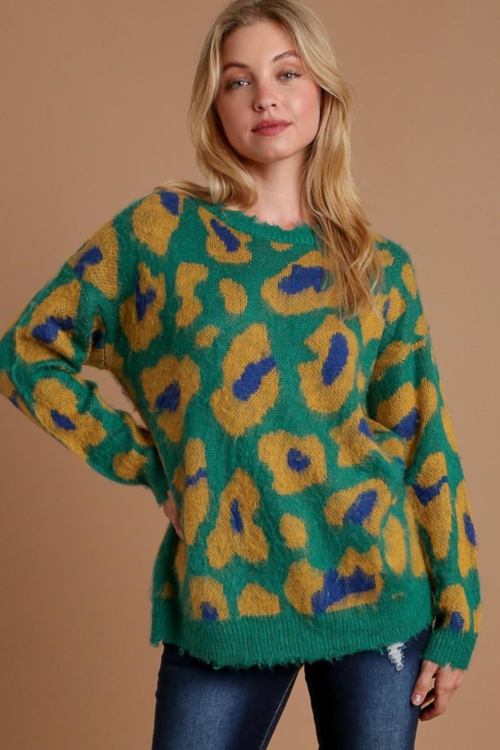Full Size Leopard Destroyed Rib Band Sweater for Women in Green/Curry ...