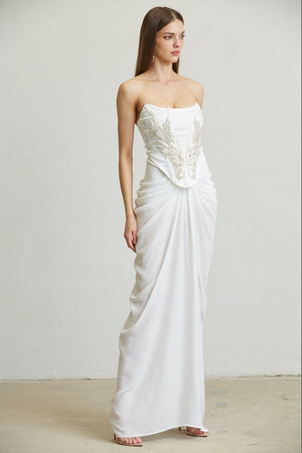 Georgina Dress, Elegant Women's Evening Dress with a Special Rhinestone Pearl Angel Wing Design