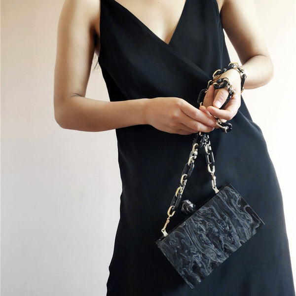Black Marble Style Acrylic Box Chain Clutch Bag for Ladies