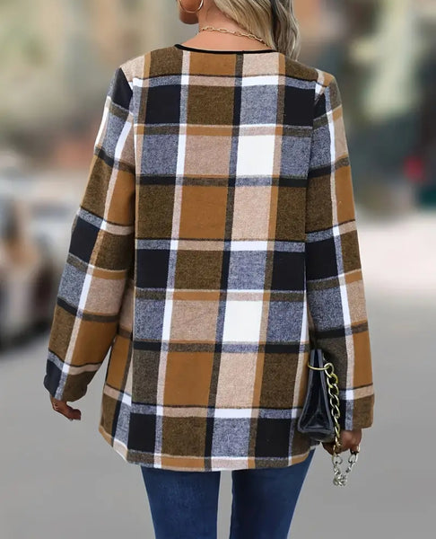 Plaid Print Open Front Jacket, Versatile Long Sleeve Jacket For Spring & Fall, Women's Clothing