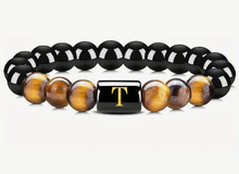 Load image into Gallery viewer, Luxury Glossy Black Glass Letter Beaded Tiger Eye Stone Boho Chic Stainless Steel 14K Gold Plated Adjustable Cuff Bangle for Men and Women