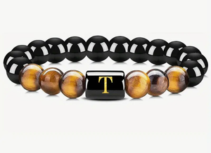 Luxury Glossy Black Glass Letter Beaded Tiger Eye Stone Boho Chic Stainless Steel 14K Gold Plated Adjustable Cuff Bangle for Men and Women