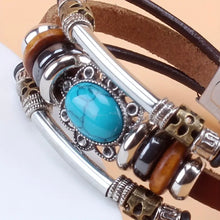 Load image into Gallery viewer, Vintage Style Green Turquoise Beaded PU Leather Stainless Steel Buckle Bracelet