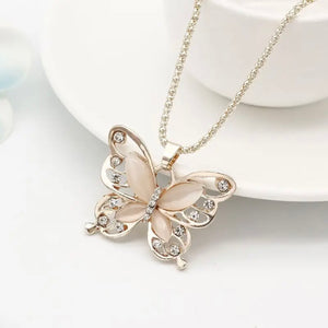 Rose Golden Color Opal Butterfly Pendant Necklace Animal Design Sweater Chain Long Necklace For Women Jewelry