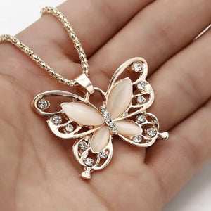 Rose Golden Color Opal Butterfly Pendant Necklace Animal Design Sweater Chain Long Necklace For Women Jewelry