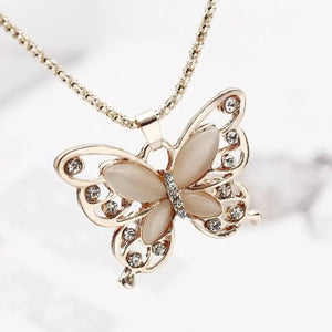 Rose Golden Color Opal Butterfly Pendant Necklace Animal Design Sweater Chain Long Necklace For Women Jewelry