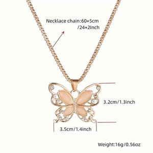 Rose Golden Color Opal Butterfly Pendant Necklace Animal Design Sweater Chain Long Necklace For Women Jewelry