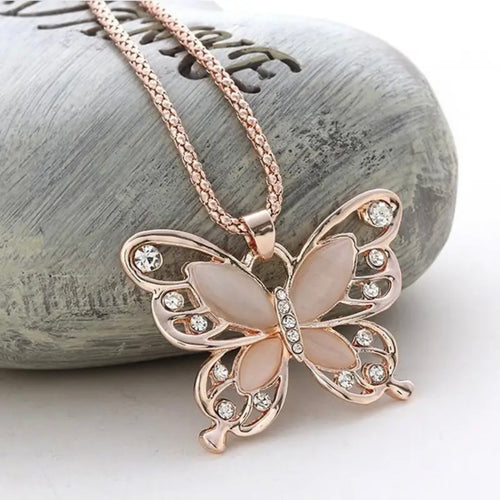 Rose Golden Color Opal Butterfly Pendant Necklace Animal Design Sweater Chain Long Necklace For Women Jewelry