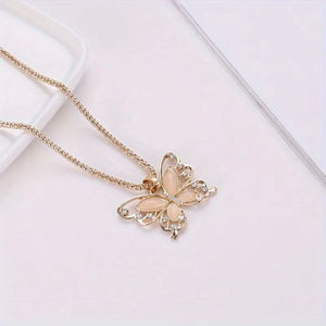 Rose Golden Color Opal Butterfly Pendant Necklace Animal Design Sweater Chain Long Necklace For Women Jewelry