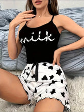 Load image into Gallery viewer, Chic Cow Print Pajama Set for Women - Adorable Frilled Cami Top &amp; Shorts - Soft Round Neck, Backless Style - Comfy Sleepwear