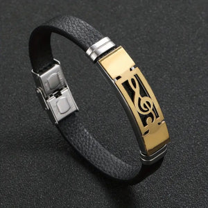 Fashion Stainless Steel Music Symbol PU Leather Bracelet, Men's Hip Hop Bangle Wristband Jewelry Gift