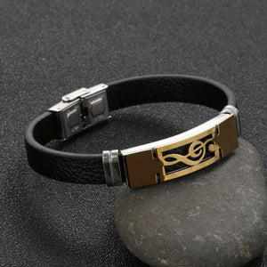 Fashion Stainless Steel Music Symbol PU Leather Bracelet, Men's Hip Hop Bangle Wristband Jewelry Gift