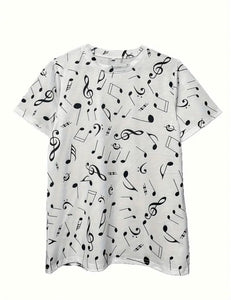 Musical Notes Print Crew Neck T-Shirt, Casual Short Sleeve Top For Spring & Summer, Women's Clothing