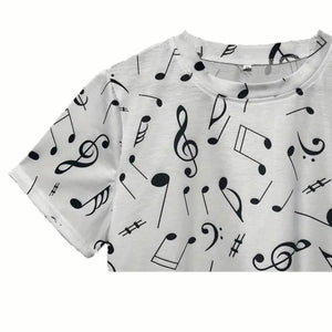 Musical Notes Print Crew Neck T-Shirt, Casual Short Sleeve Top For Spring & Summer, Women's Clothing