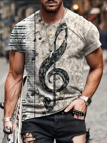 Men's Music Themed Note And Piano Keyboard Pattern Print T-shirt With Crew Neck And Short Sleeve, Casual And Stylish Tops