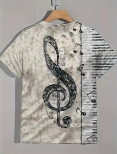 Women's Music Themed Note And Piano Keyboard Pattern Print T-shirt With Crew Neck And Short Sleeve, Casual And Stylish Tops