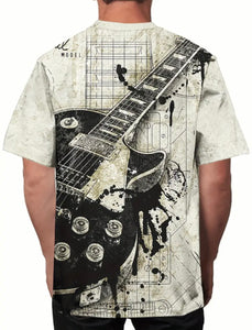 Men's Guitar Print T-shirt, Casual Short Sleeve Crew Neck Tee, Men's Clothing