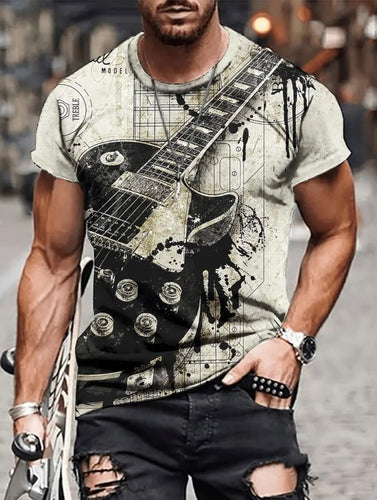 Men's Guitar Print T-shirt, Casual Short Sleeve Crew Neck Tee, Men's Clothing