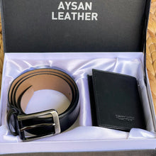 Load image into Gallery viewer, Handmade Real Leather Belt &amp; Wallet Set with Gift Box – The Ultimate Official Gift for Men - Black