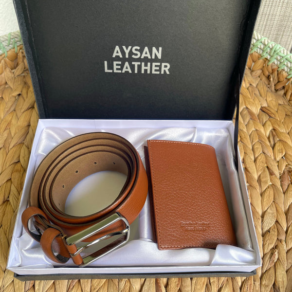 Handmade Real Leather Belt & Wallet Set with Gift Box – The Ultimate Official Gift for Men - Light Brown