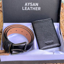 Load image into Gallery viewer, Handmade Real Leather Belt &amp; Wallet Set with Gift Box – The Ultimate Official Gift for Men - Black