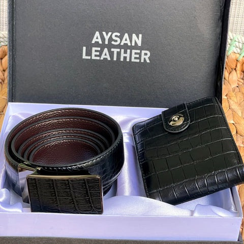 Handmade Leather Belt & Wallet Set with Gift Box – The Ultimate Official Gift for Men - Black
