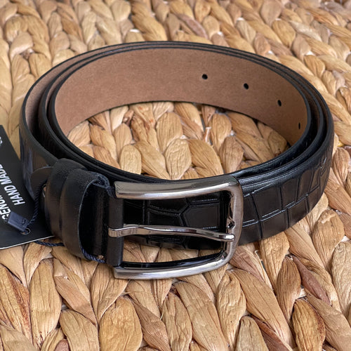 Handmade Genuine Leather Belt - Crocodile Skin Pattern – The Ultimate Official Gift for Men- Color: Black