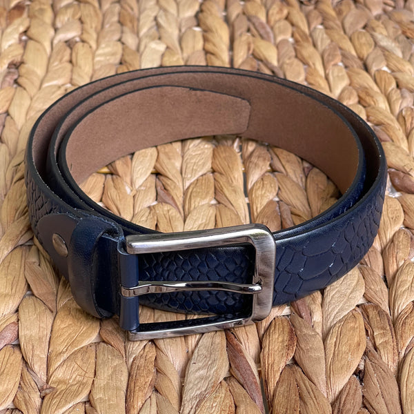 Handmade Genuine Leather Belt - Snake Skin Pattern – The Ultimate Official Gift for Men- Color: Dark Blue