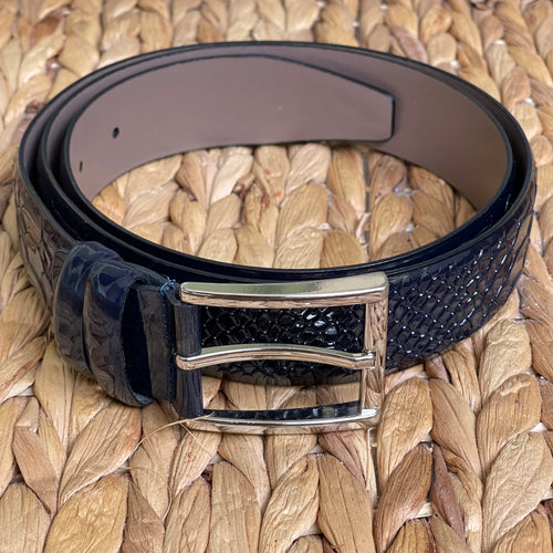 Handmade Genuine Leather Belt - Shiny Snake Skin Pattern – The Ultimate Official Gift for Men- Color: Dark Blue