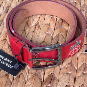 Handmade Real Thick Leather Belt with Special Permanent Painting -Red, Size: 36