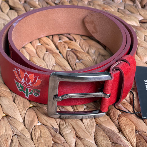 Handmade Real Thick Leather Belt with Special Permanent Painting -Red, Size: 36