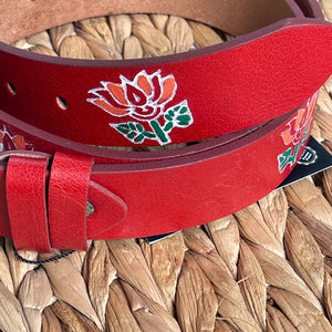 Handmade Real Thick Leather Belt with Special Permanent Painting -Red, Size: 36