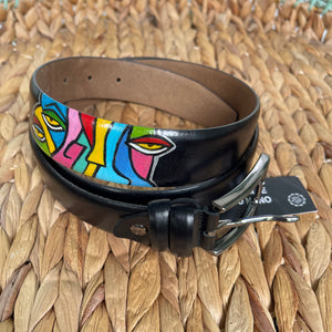 Handmade Real Leather Belt with Special Permanent Modern Painting - Color:Black, Size: 46