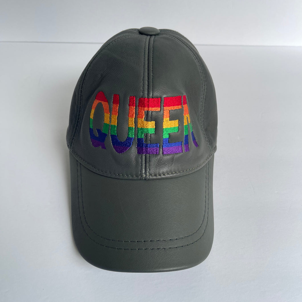 Unisex Real Leather Adjustable Sports Hat With a Colorful Embroidery of the Word Queen - Dark Gray