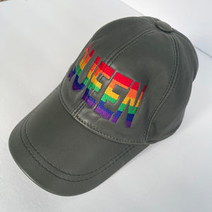 Unisex Real Leather Adjustable Sports Hat With a Colorful Embroidery of the Word Queen - Dark Gray