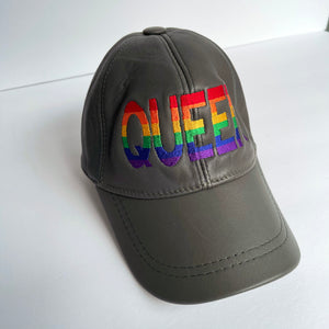 Unisex Real Leather Adjustable Sports Hat With a Colorful Embroidery of the Word Queen - Dark Gray