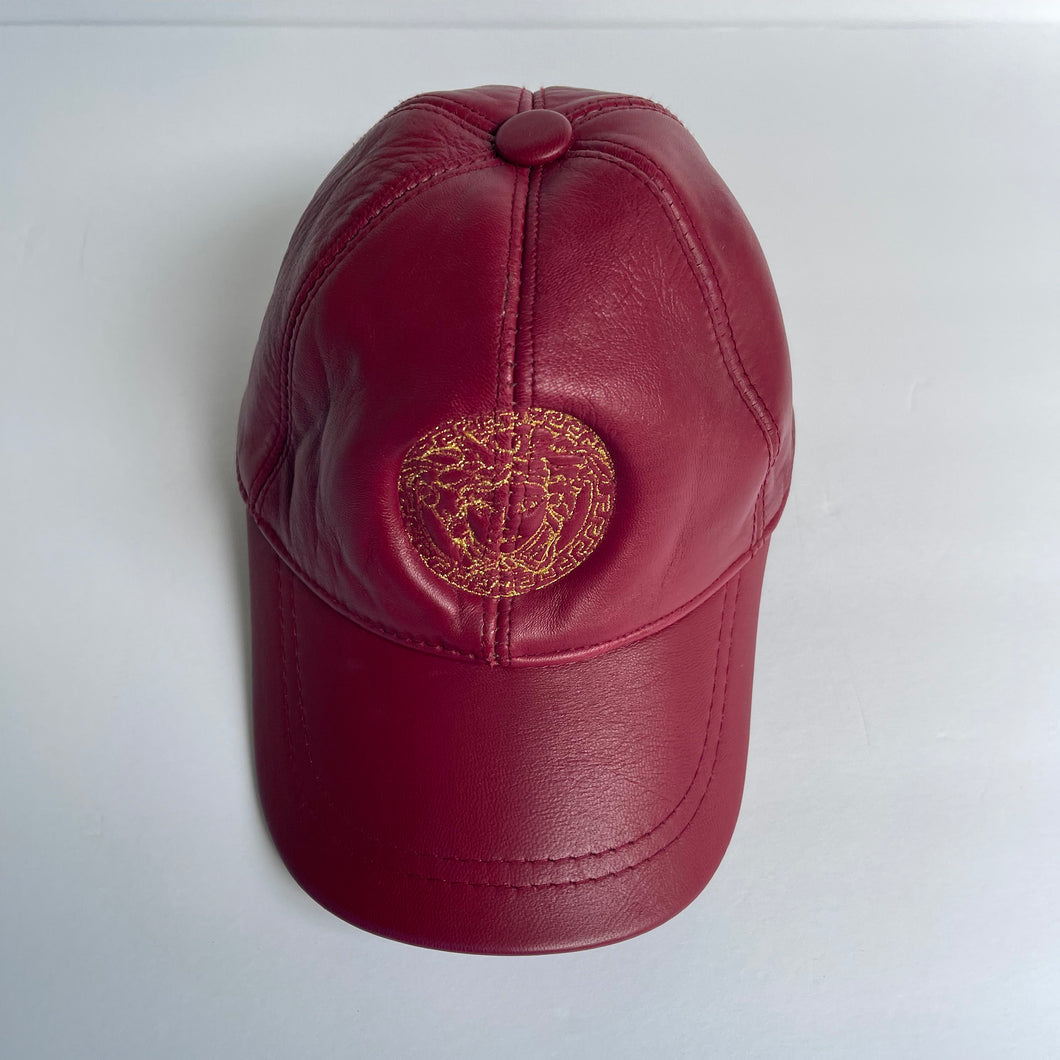 Unisex Real Leather Adjustable Sports Hat With an Embroidery of Versace logo - Red