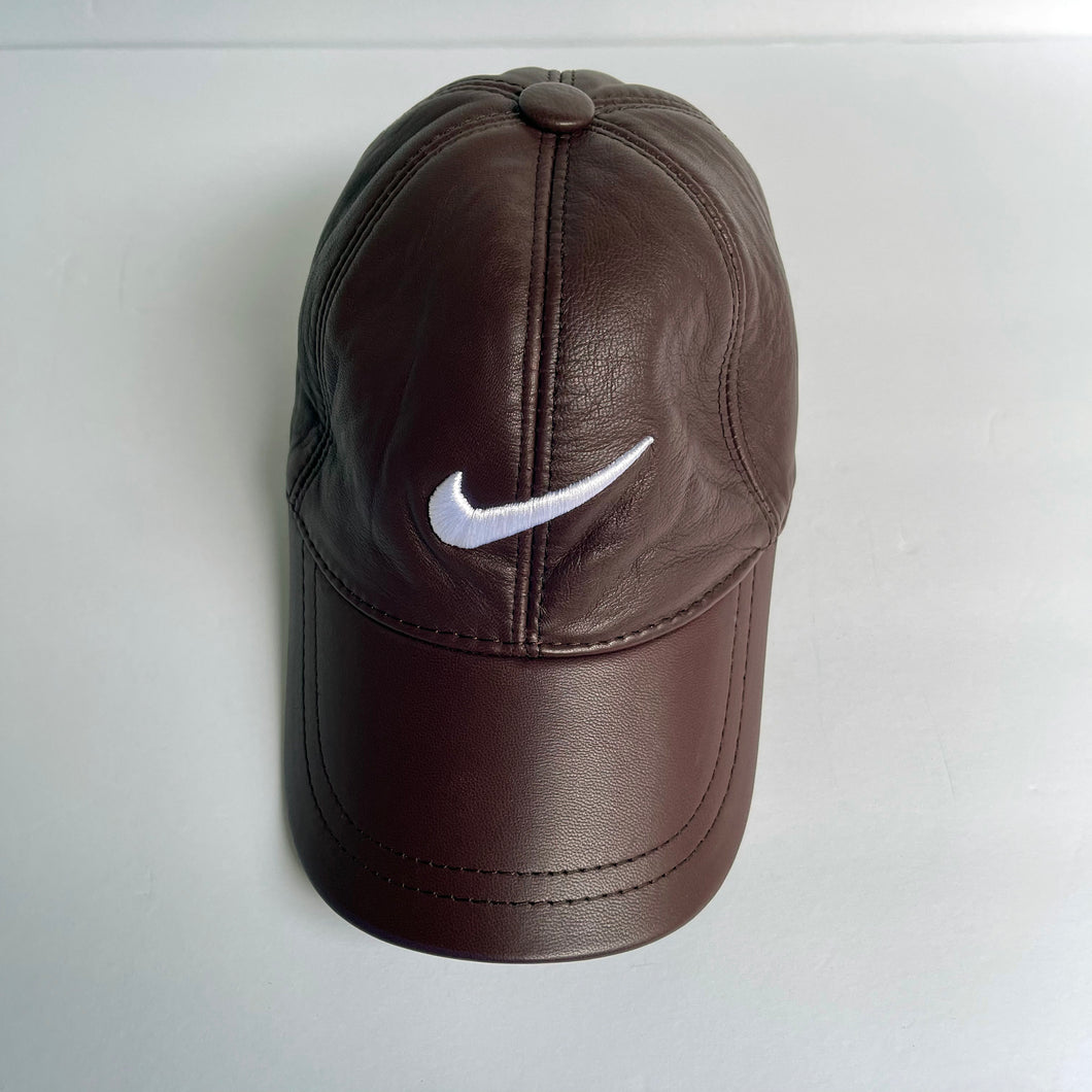 Unisex Real Leather Adjustable Sports Hat With an Embroidery of Nike sign - Brown