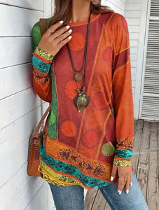 Ethnic Allover Print T-shirt, Casual Long Sleeve Crew Neck Top For Spring & Fall - Size: XL