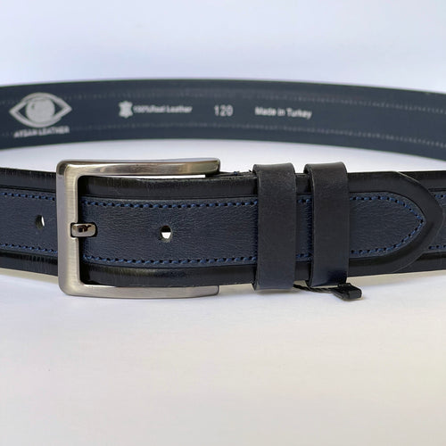 Handmade Thick Genuine Leather Belt, Sewing 2-Color Pattern – The Ultimate Official Gift for Men- Color: Black/Navy Blue