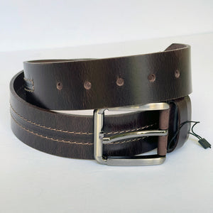 Elegant Handmade Thick Genuine Leather Belt, Two-Row Stitch, The Ultimate Official Gift for Men- Color: Dark Brown