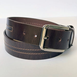 Elegant Handmade Thick Genuine Leather Belt, Two-Row Stitch, The Ultimate Official Gift for Men- Color: Dark Brown