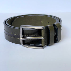 Elegant Handmade Thick Genuine Leather Belt, Two-Row Stitch, The Ultimate Official Gift for Men- Color: Olive Green