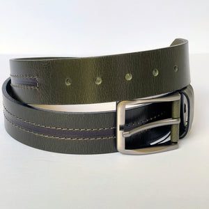 Elegant Handmade Thick Genuine Leather Belt, Two-Row Stitch, The Ultimate Official Gift for Men- Color: Olive Green