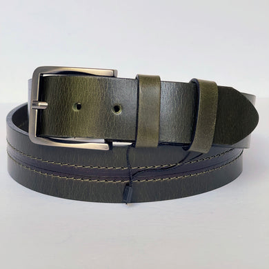 Elegant Handmade Thick Genuine Leather Belt, Two-Row Stitch, The Ultimate Official Gift for Men- Color: Olive Green