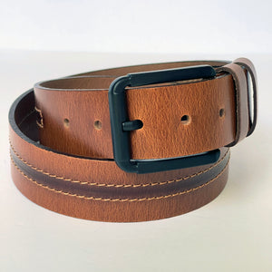 Elegant Handmade Thick Genuine Leather Belt, Two-Row Stitch, The Ultimate Official Gift for Men- Color: Brick Brown