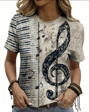 Load image into Gallery viewer, Women&#39;s Music Themed Note And Piano Keyboard Pattern Print T-shirt With Crew Neck And Short Sleeve, Casual And Stylish Tops