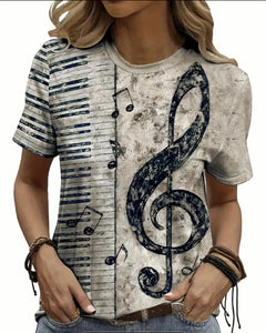 Women's Music Themed Note And Piano Keyboard Pattern Print T-shirt With Crew Neck And Short Sleeve, Casual And Stylish Tops