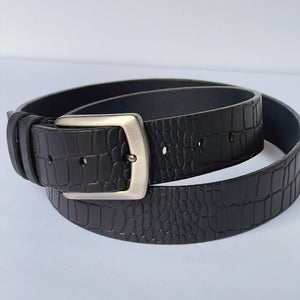 Elegant Handmade Genuine Leather Belt, Crocodile Pattern, The Ultimate Official Gift for Men- Color: Black