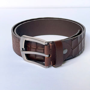 Elegant Handmade Genuine Leather Belt, Crocodile Pattern, The Ultimate Official Gift for Men- Color: Brown